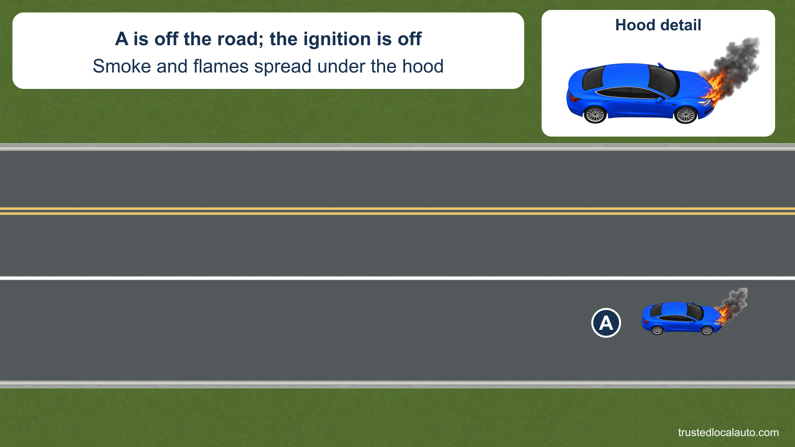 Blue car A is stopped on the paved shoulder of a two-way roadway. Smoke and flames escape from the front of its closed hood; an enlarged hood detail shows the same condition, and the card says the ignition is off. No evacuation distance or waiting place is marked.