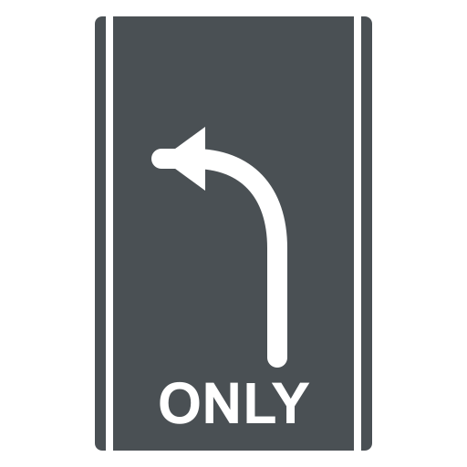 Top-down travel lane with a white pavement arrow curving left above the white word ONLY.