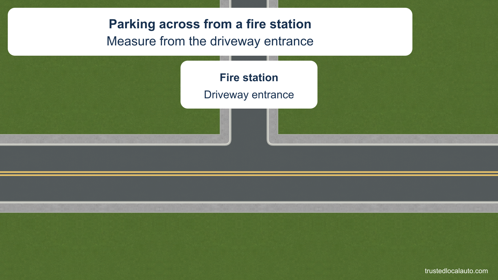 A fire-station driveway opens onto a two-way road. The card identifies parking across from the station and asks the learner to measure from the driveway entrance. No signs or distances are shown.