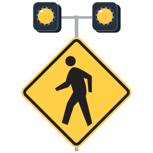 A yellow diamond with a black walking-person symbol is mounted below two yellow beacon lamps. Dashed rings around the lit lamps indicate flashing.
