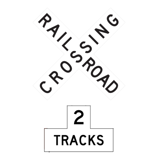 A white X-shaped crossbuck reads RAILROAD CROSSING. Below it, a white plaque with a black border reads 2 TRACKS; no lights or gates are shown.