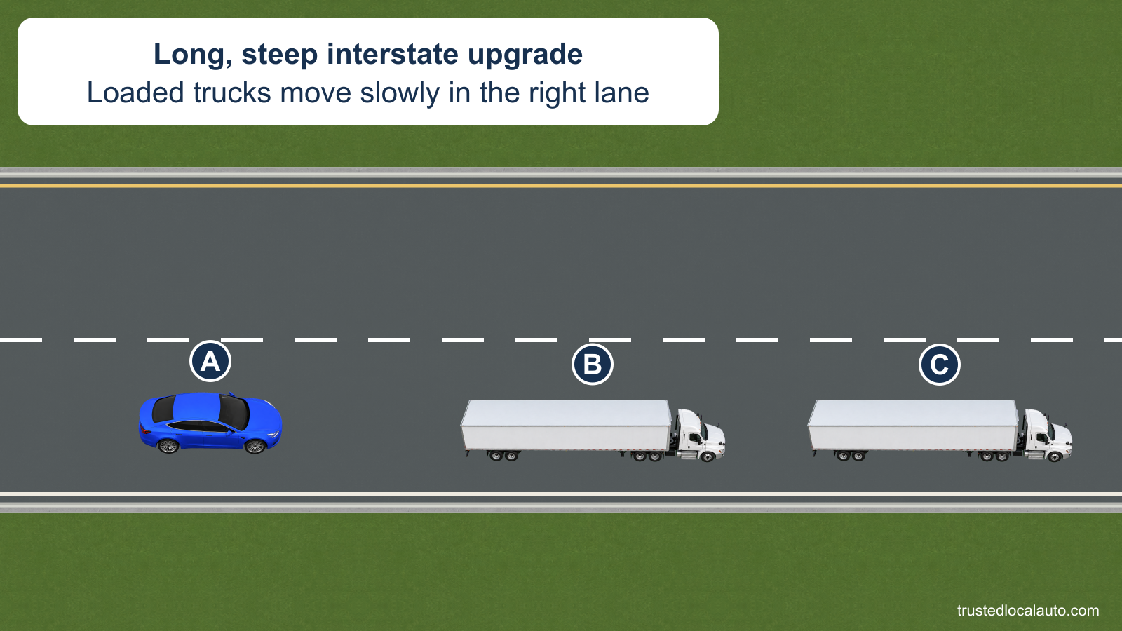A approaches slowly climbing trucks from behind in the interstate’s right lane. The left lane is clear.