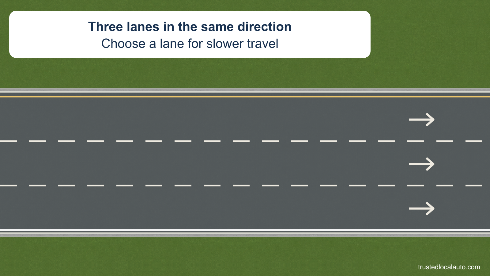 Three empty lanes have right-pointing pavement arrows. Dashed white separators and the outer edge lines are visible. No car or travel lane is selected.