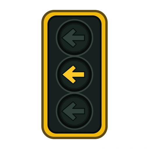 A dark traffic-signal housing shows one illuminated yellow arrow pointing left.