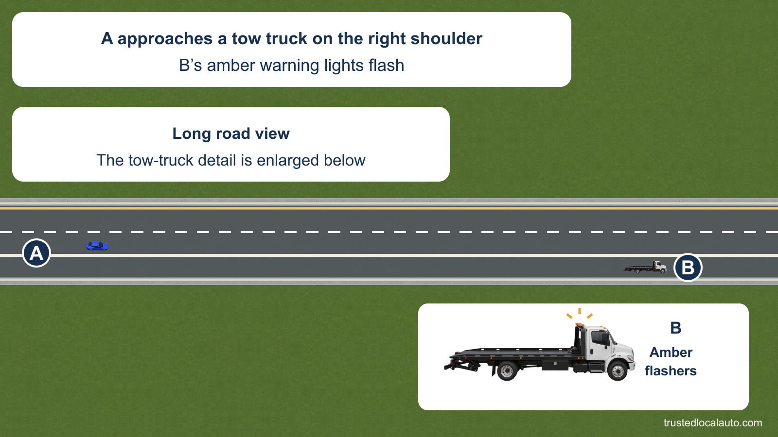 A is in the right lane of an interstate approaching a tow truck stopped on the right shoulder with its amber flashers on. A long-road overview and enlarged truck detail show the same situation; no distance is selected in the question.