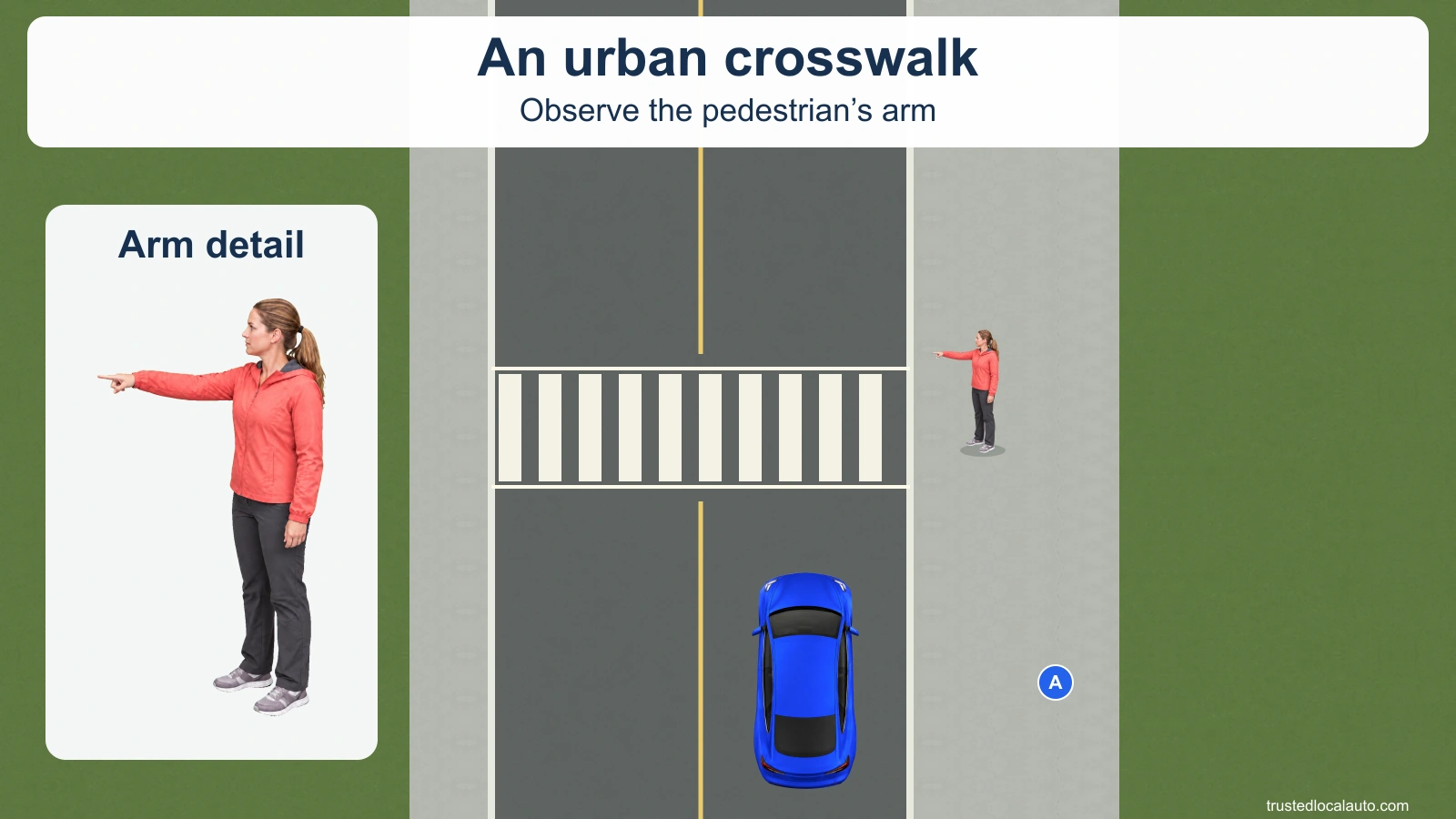 An urban road has one lane in each direction and a marked crosswalk spanning both lanes between the sidewalks. A woman stands behind the right curb, facing left and extending one arm horizontally toward the opposite curb. Blue car A approaches in the nearest, northbound lane. An enlarged view shows the same gesture.