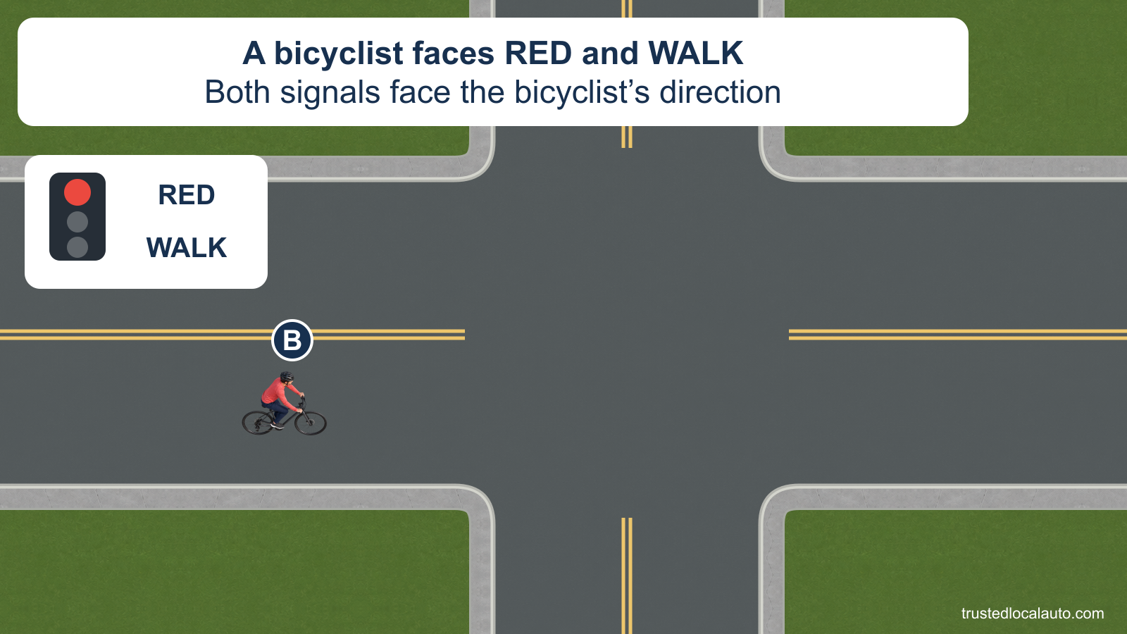 An eastbound bicyclist is in the road before a signalized intersection. A detail shows a red traffic light and WALK for the same direction.