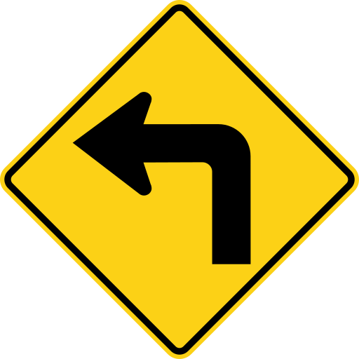 Yellow diamond sign with a black arrow turning sharply left.