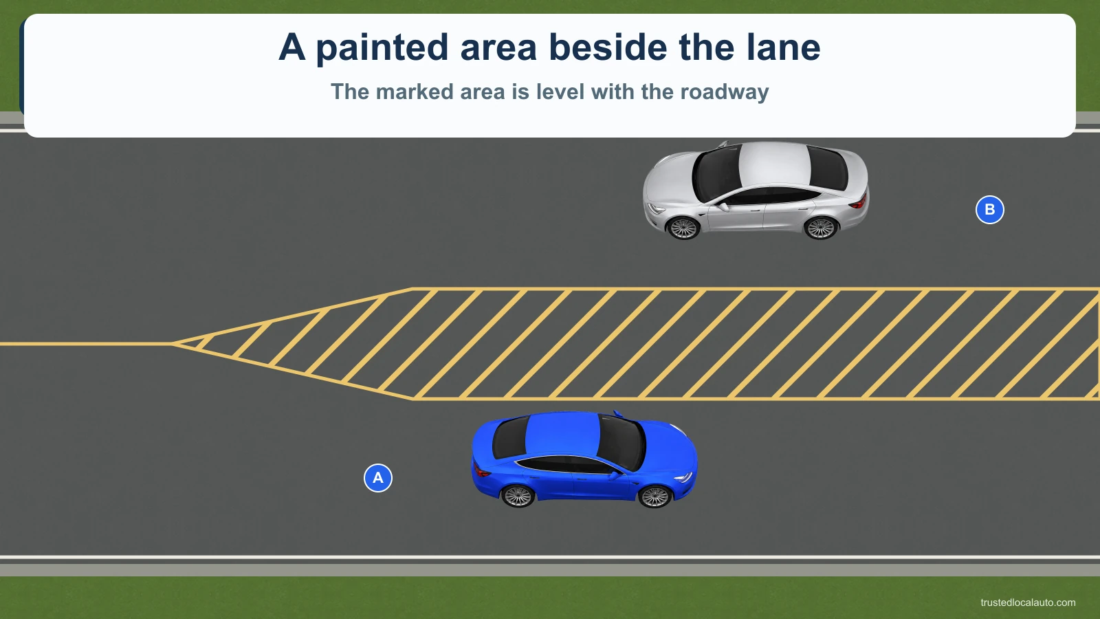 Blue A travels beside a painted island. The chevron-filled area is level with the roadway, not a raised median.