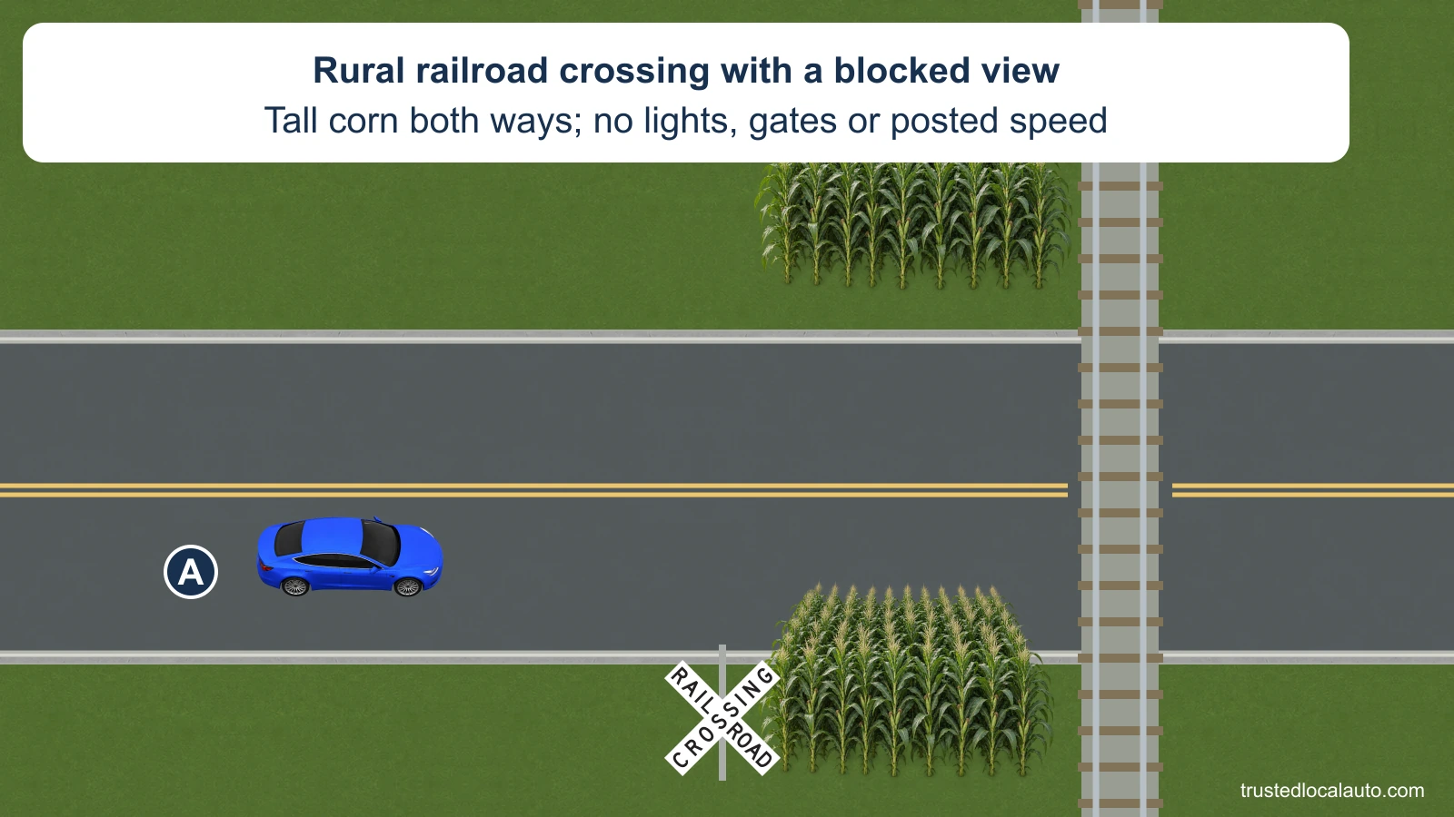A approaches an uncontrolled rural railroad crossing. Tall corn on both sides of the approach blocks the view along the tracks; a crossbuck is present, with no gates, warning lights or posted speed sign.