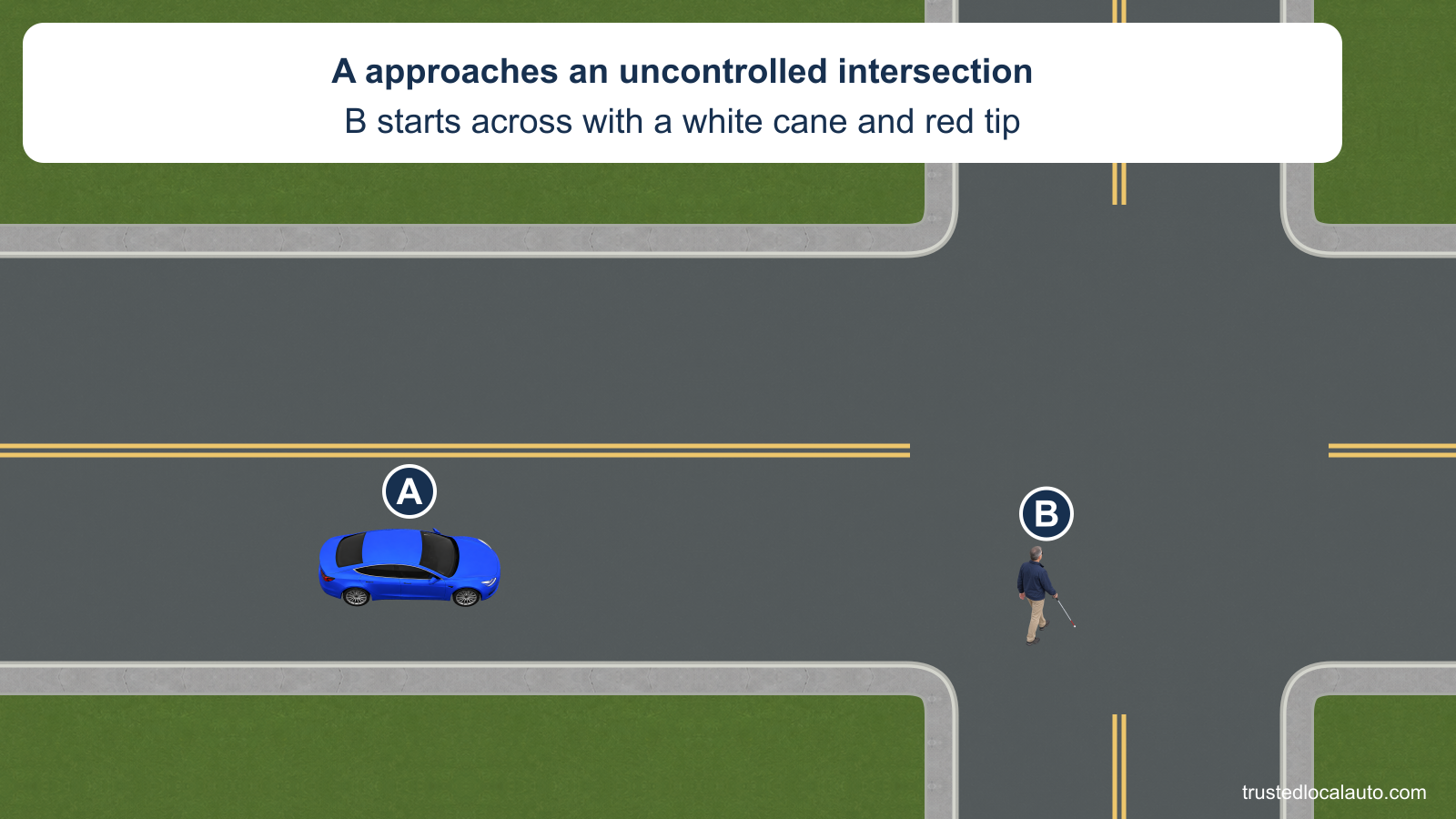 A approaches an intersection without signals or an officer. A pedestrian using a white cane with a red tip starts across A’s lane.