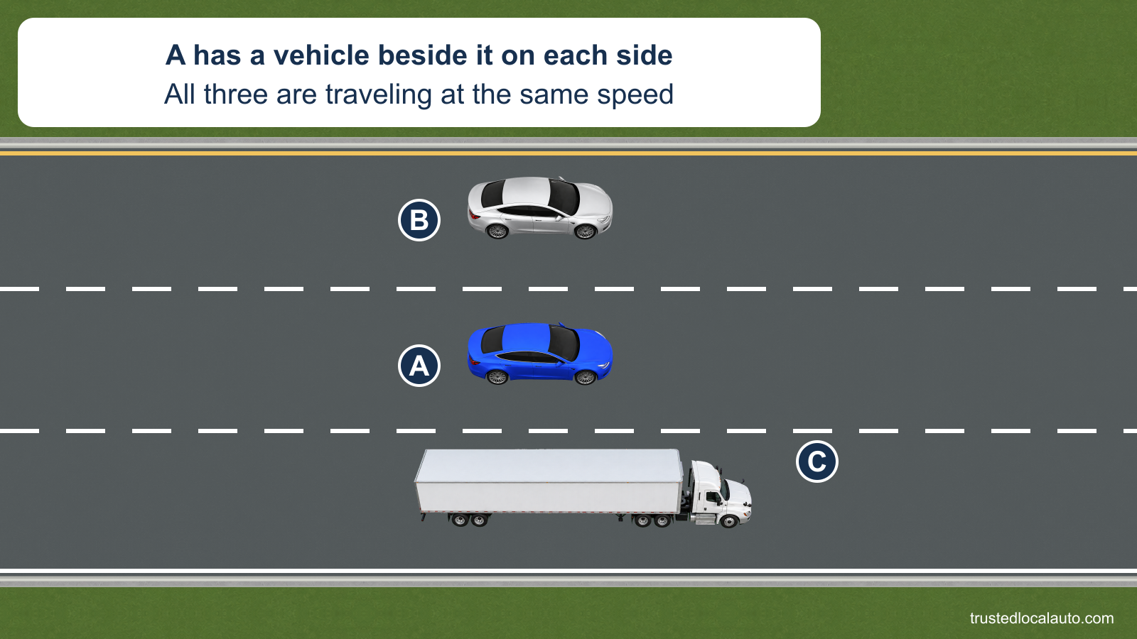 A travels in the center lane of a three-lane highway. Silver car B is alongside on the left and truck C is alongside on the right; the caption states that all three are moving at the same speed.