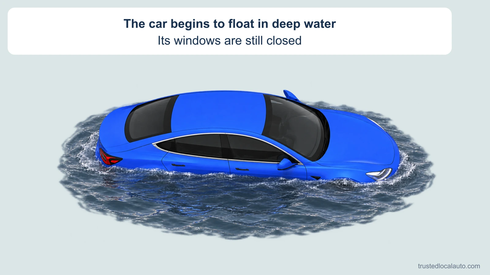 A blue car has begun to float in deep water. Water surrounds the partly submerged doors; the wheels are not visible. The roof and closed side windows are above water. No escape action or window highlight appears in the question.
