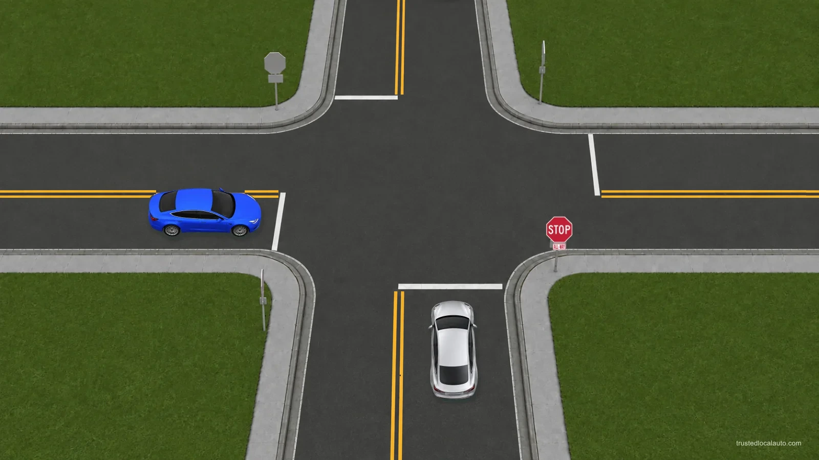 Blue vehicle approaches from the left and silver vehicle approaches from the bottom, on the blue car’s right. Each approach has a STOP sign and painted stop line.
