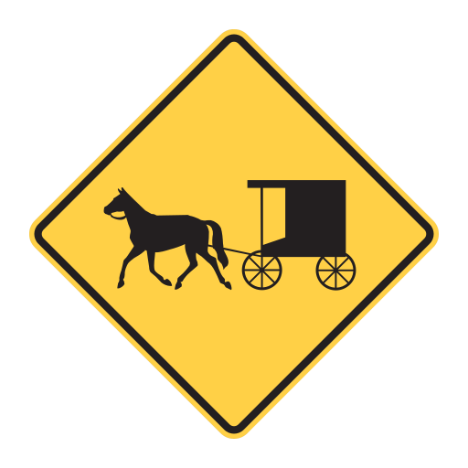 A black horse pulls a two-wheeled covered buggy across a yellow diamond.