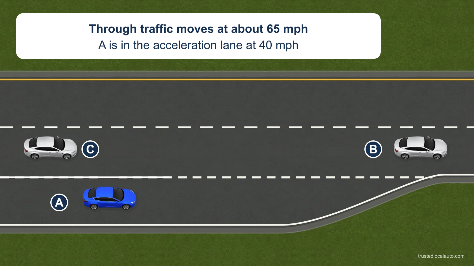 A travels at 40 mph in the acceleration lane while freeway traffic moves at about 65 mph. B and C travel in the nearest freeway lane.