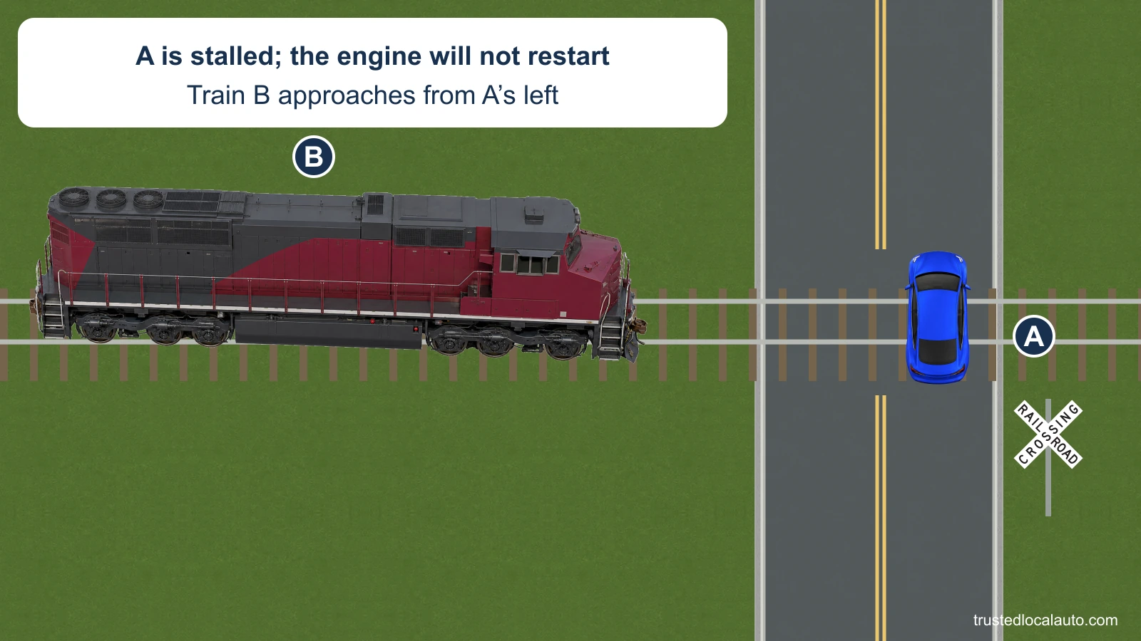 Blue A is stalled across both rails of a railroad crossing and faces north. Locomotive B approaches from A’s left, heading east. An exact U.S. crossbuck identifies the crossing. No people outside the car, escape route, pushing action or response instruction appears.