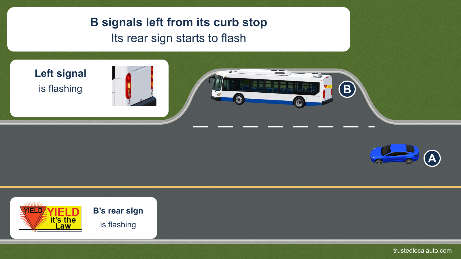 A approaches city bus B from behind in the lane beside a curbside bus stop. B signals left to leave the stop. A detail shows its illuminated left signal, and another shows the official Oregon rear YIELD sign flashing. The same sign is mounted on B’s rear.