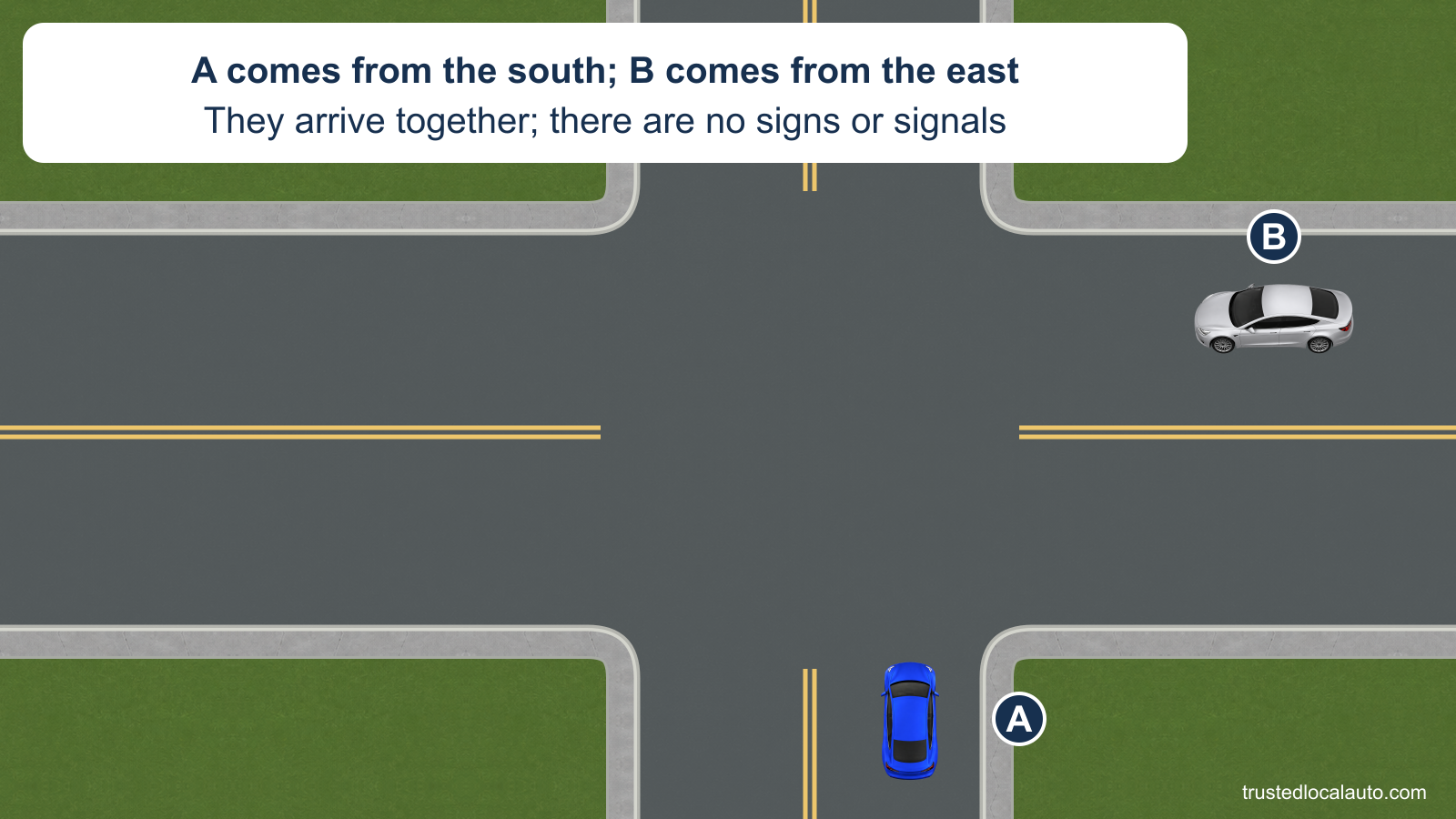 A comes north from the south approach and B comes west from the east approach. They arrive together at an intersection with no signs or signals. Neither car has a priority halo.