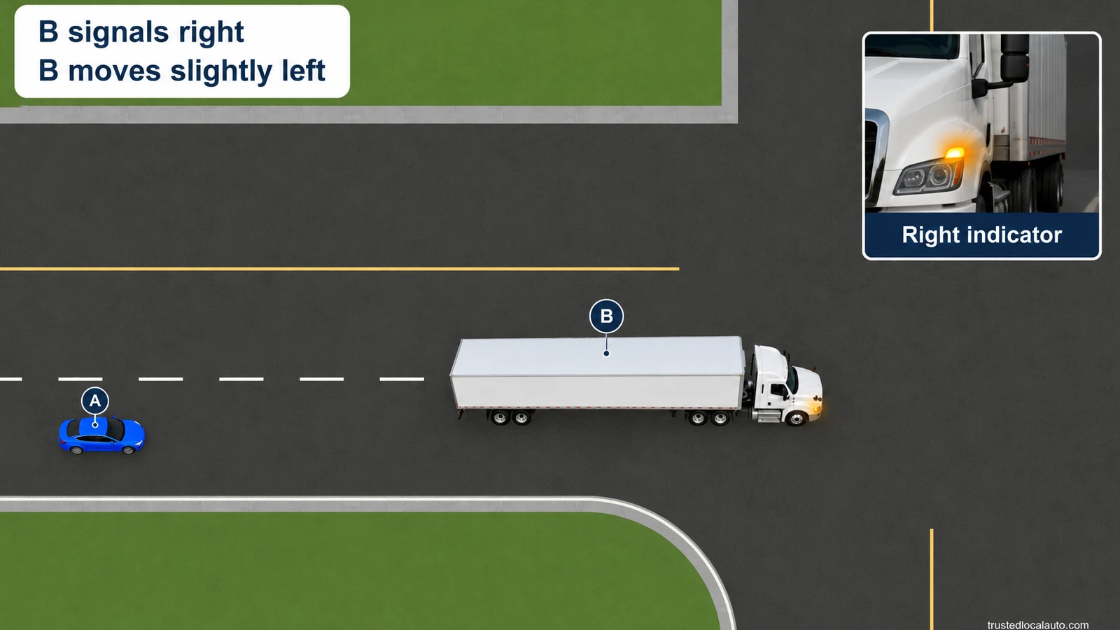 Truck B ahead of blue A signals right and moves slightly left before a right turn. An inset identifies B's right indicator; both badges are beside their actors.