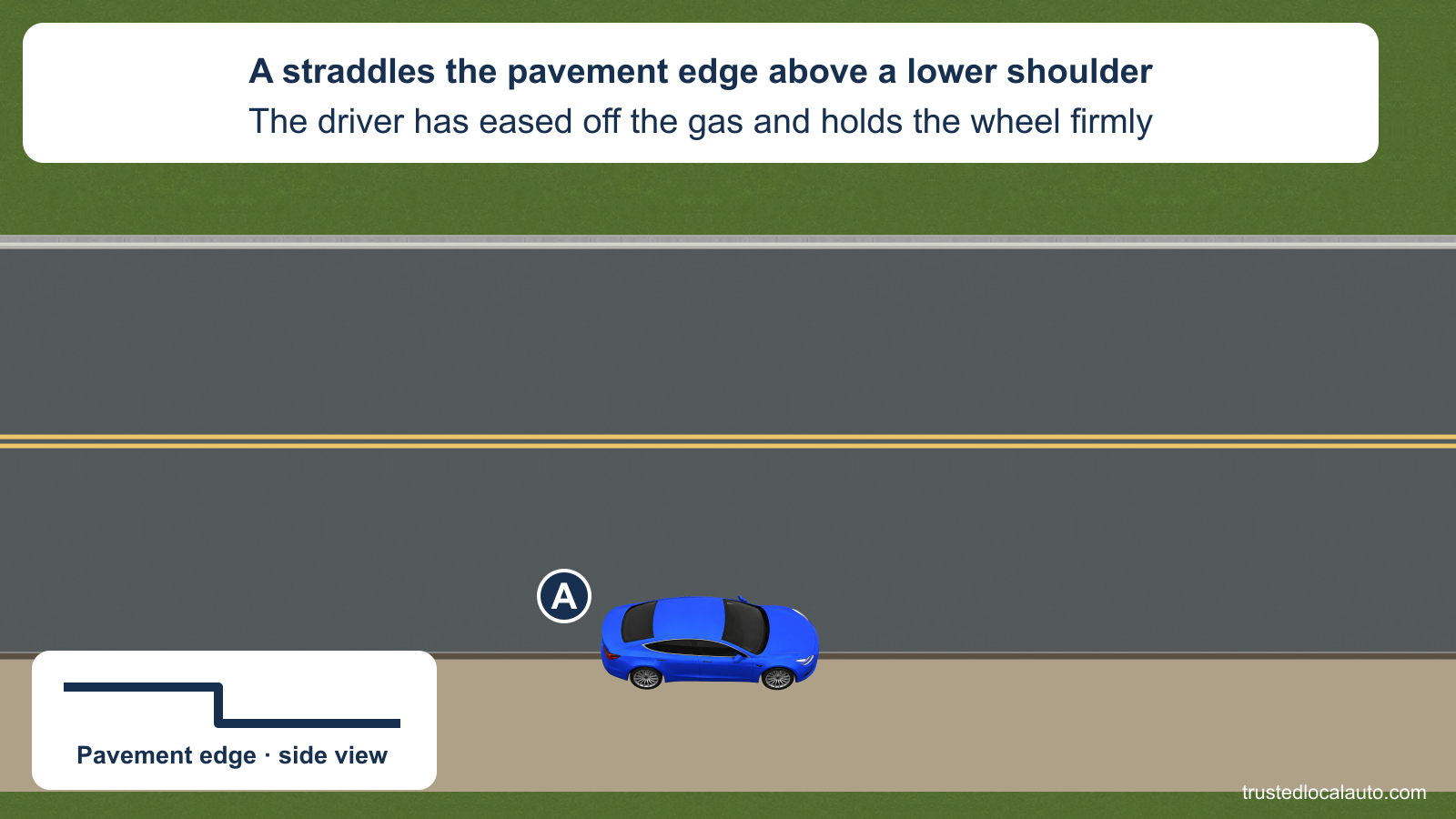 A straddles the pavement edge, with its right wheels on a lower gravel shoulder. A side-view detail shows the drop. The card states that the driver has eased off the gas and holds the wheel firmly.