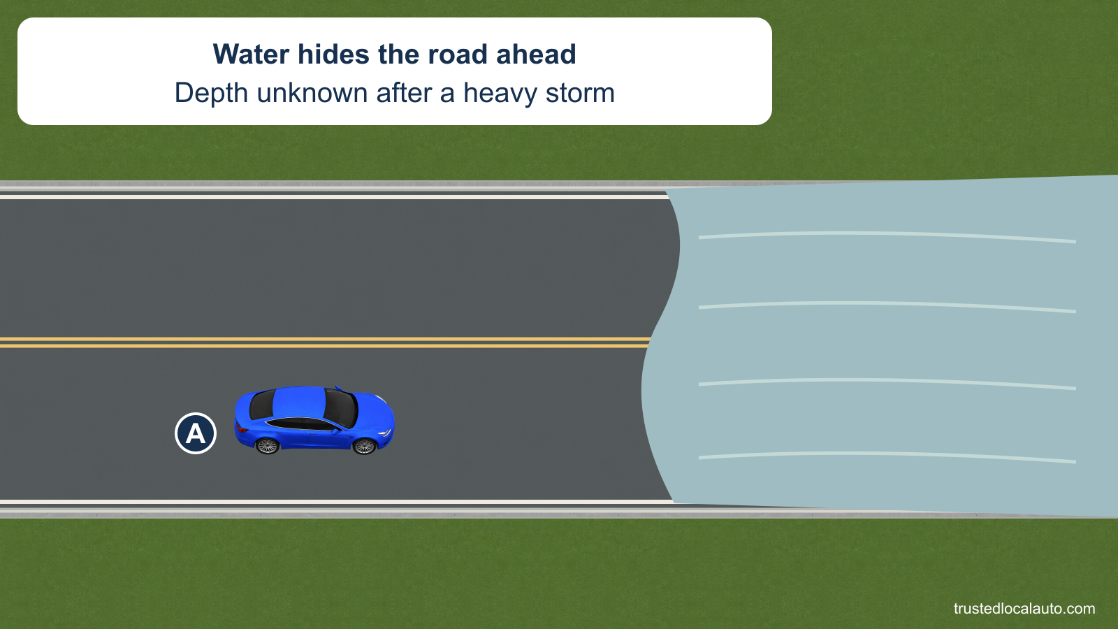 A approaches floodwater that covers both lanes of a low part of the road after a heavy storm. The pavement beneath the water is hidden, and the card states that its depth is unknown.
