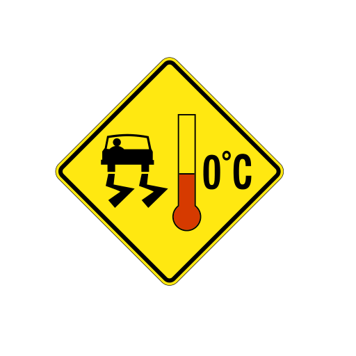 A yellow diamond showing a skidding car beside a thermometer marked 0°C.