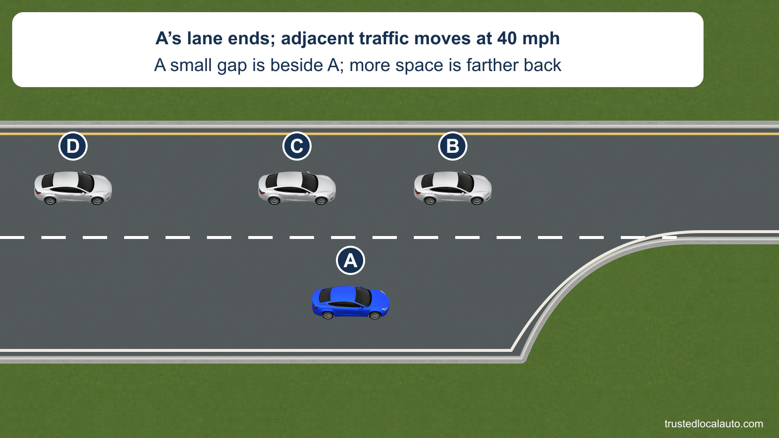 A’s lower lane ends. In the continuing lane, the gap beside A is about one car length; a larger gap lies farther behind.