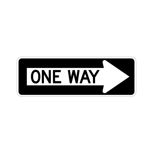 A white arrow points right on a black rectangle, with ONE WAY printed inside the arrow.