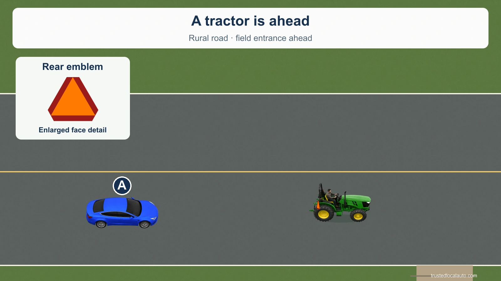 A tractor ahead carries an orange triangle with a red border at its rear. An inset enlarges that emblem.