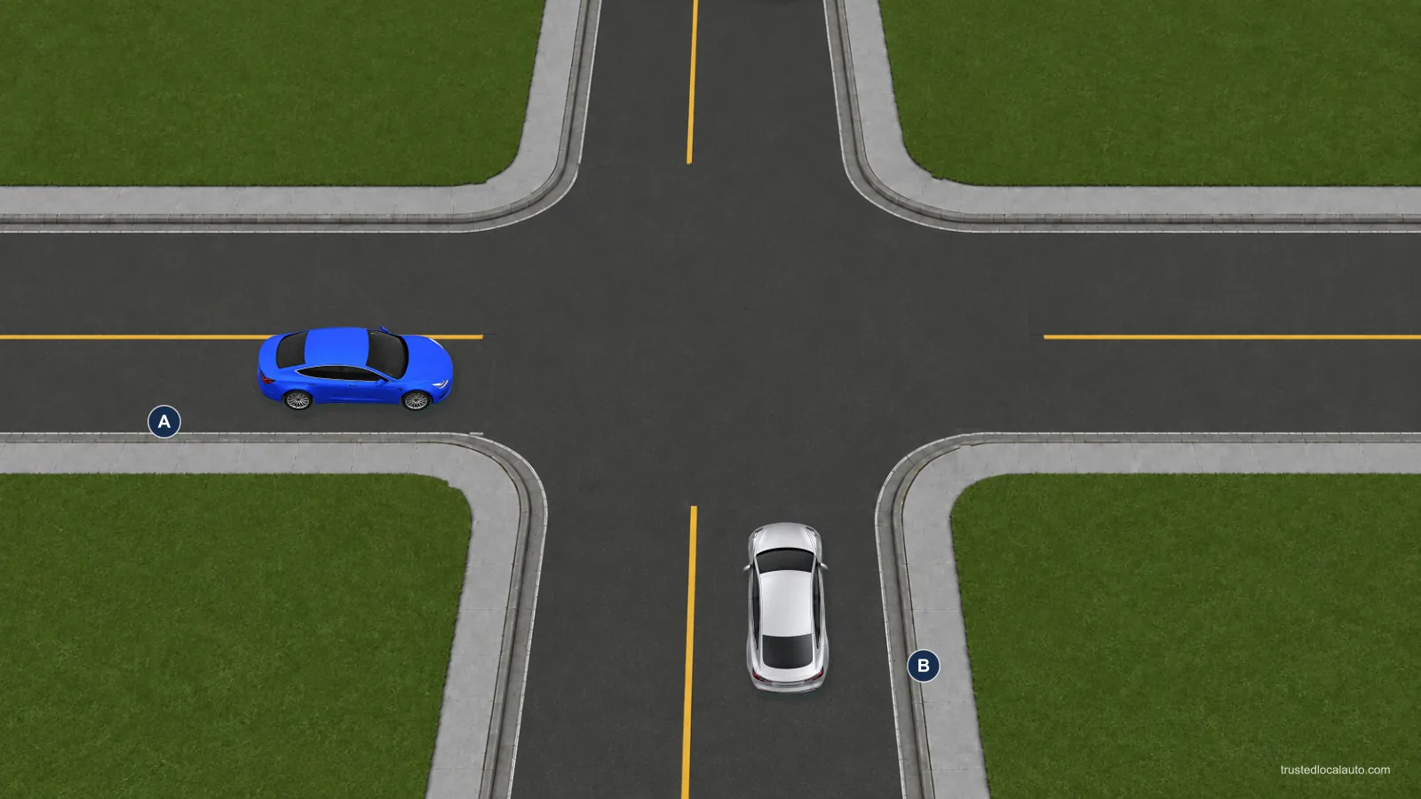 Two cars approach an intersection from adjacent roads with no stop signs or traffic lights.