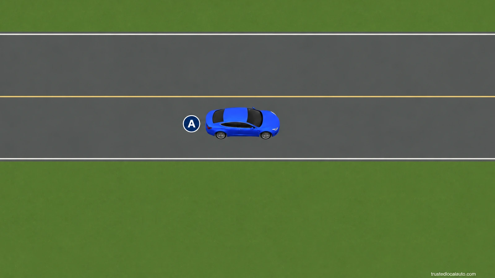 Blue A is on an ordinary road with no clock, timeline, night-boundary caption or instruction to switch lamps on.