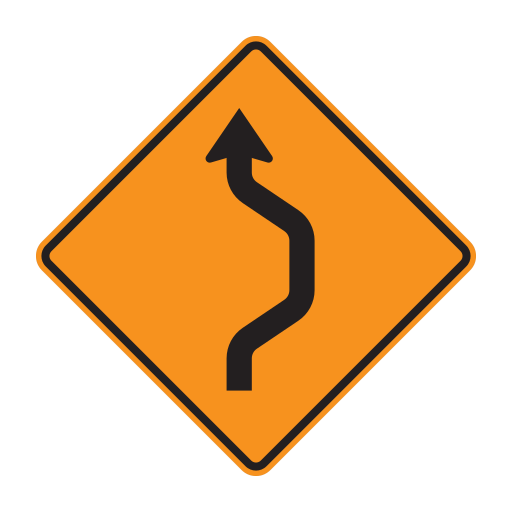 An orange diamond with a black border has one black arrow that bends right, then left, and points upward.