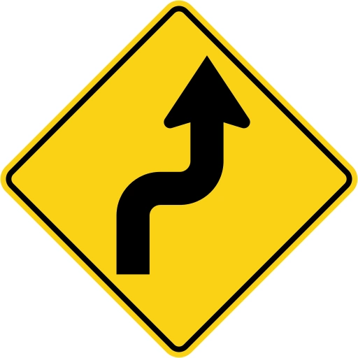 A yellow diamond containing a black upward arrow that bends right and then left.