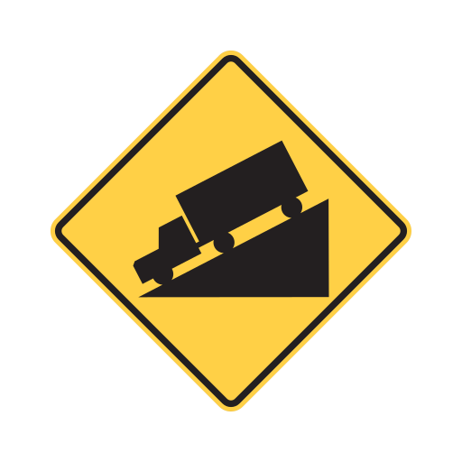 A black truck points down a sloping line on a yellow diamond.