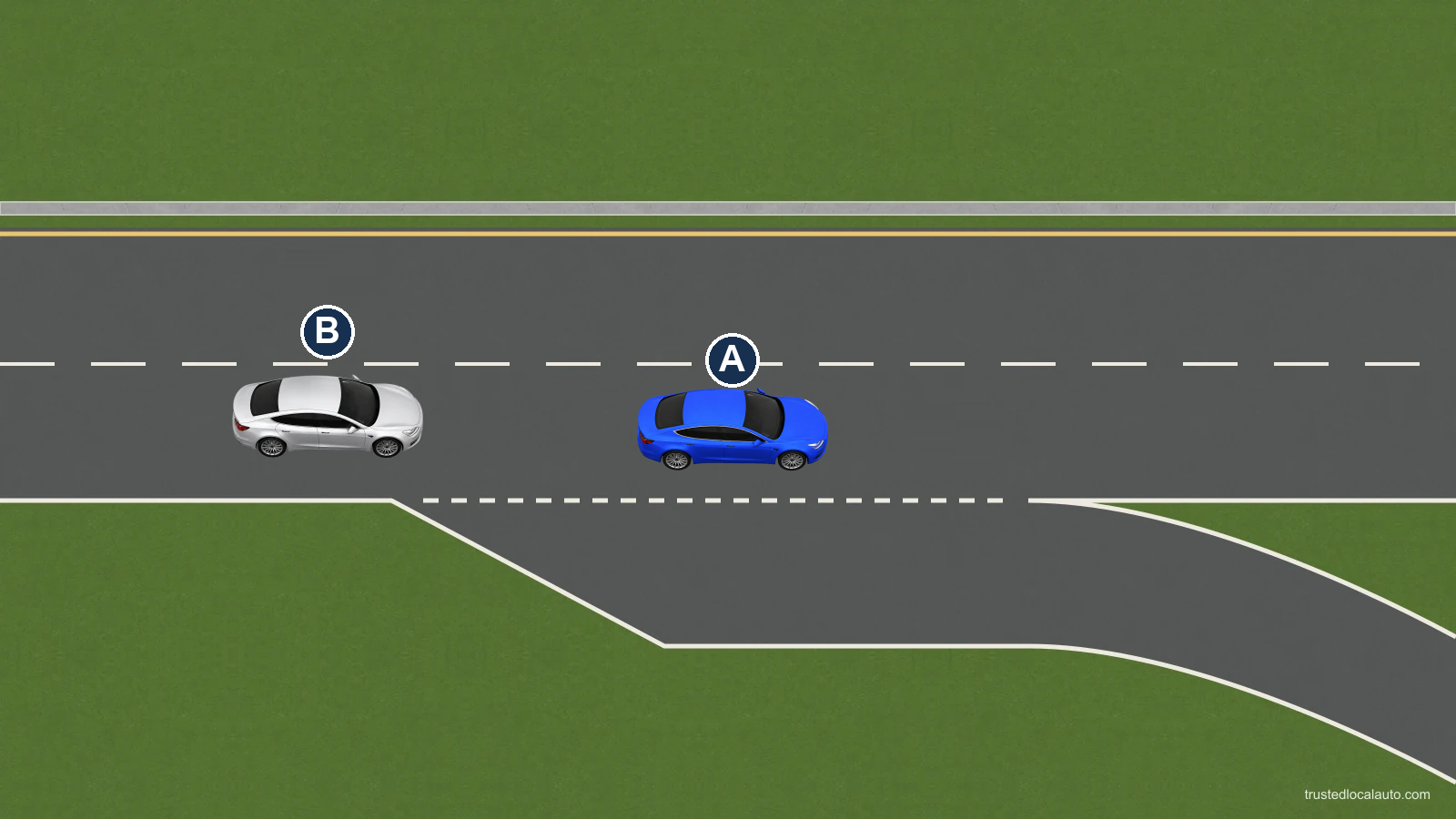 A approaches an exit lane on the right side of a divided roadway.