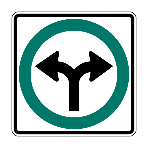 A black arrow branches left and right inside a green circle on a white rectangular sign.