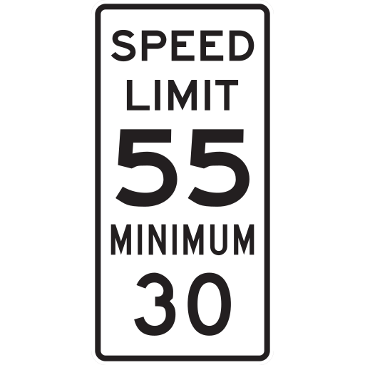 A white rectangular sign reads SPEED LIMIT 55 above MINIMUM 30.