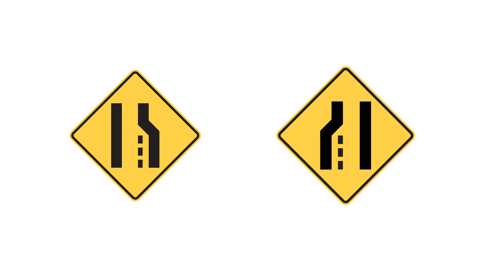 Two yellow diamonds show narrowing lane boundaries. In the left sign the right boundary bends inward; in the right sign the left boundary bends inward. Each has a short broken line between the boundaries.