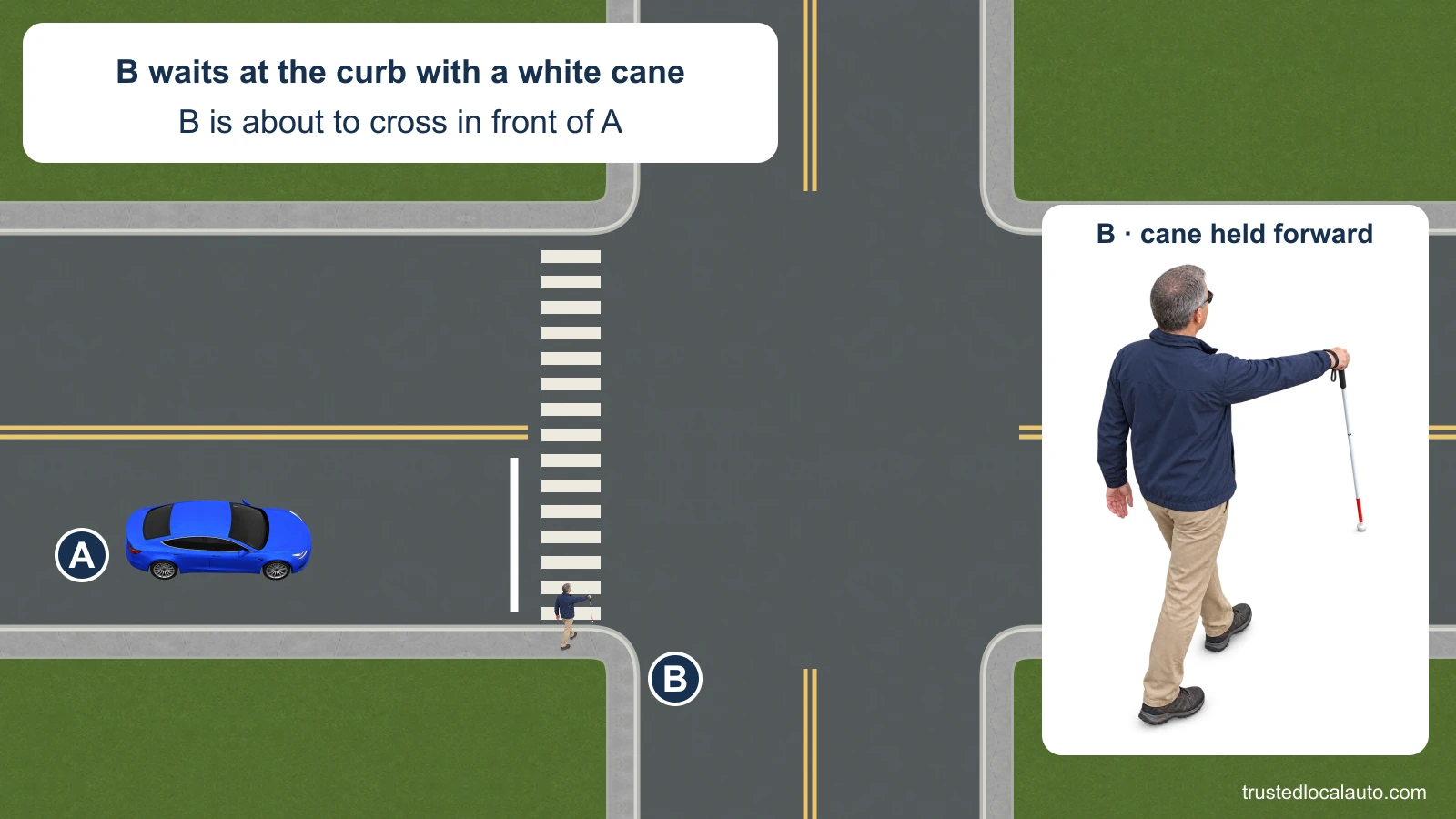 Blue A approaches an unsignalized intersection well before its stop line. Person B stands at the near right curb with a white cane, ready to cross in front of A. A separate enlarged detail shows the same cane user. No guide dog, pedestrian route or stopping response is shown.