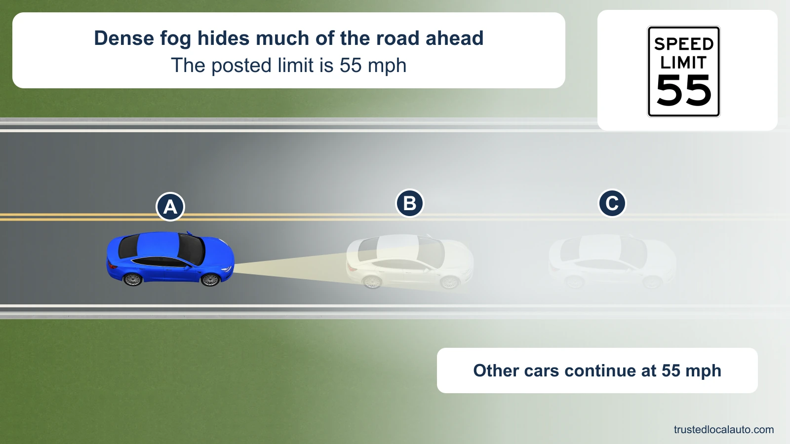 A follows two cars through dense fog. An exact official 55 mph sign and the stated speed of other traffic are shown.