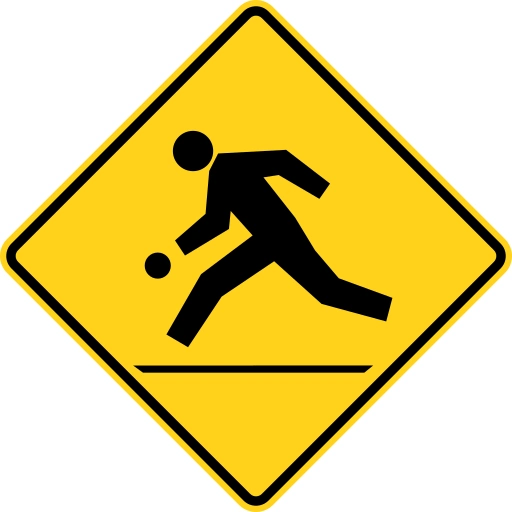 A yellow diamond showing a person running toward a ball.