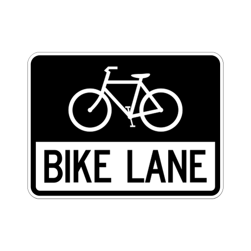A white bicycle appears on the black upper field of a rectangular sign, with BIKE LANE on the white lower field.