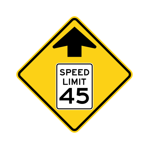 Yellow diamond advance warning sign with an upward arrow and SPEED LIMIT 45.