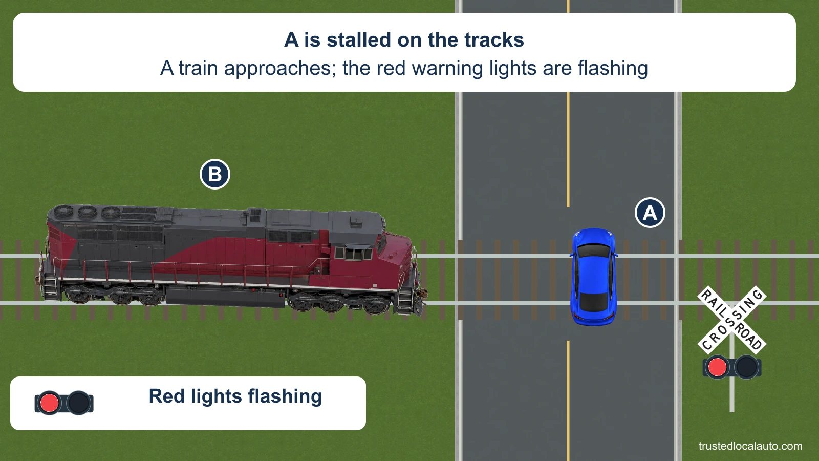 A is stalled on a railroad track. A red-and-gray locomotive approaches from the left. A US crossbuck, one lit red warning lamp and an enlarged flashing-lamp detail are visible. No escape route is shown.