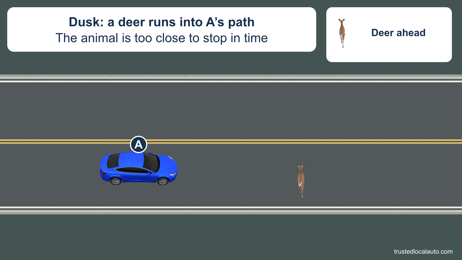 At dusk, a deer has run into A’s path on a rural two-lane road. An enlarged detail identifies the animal.