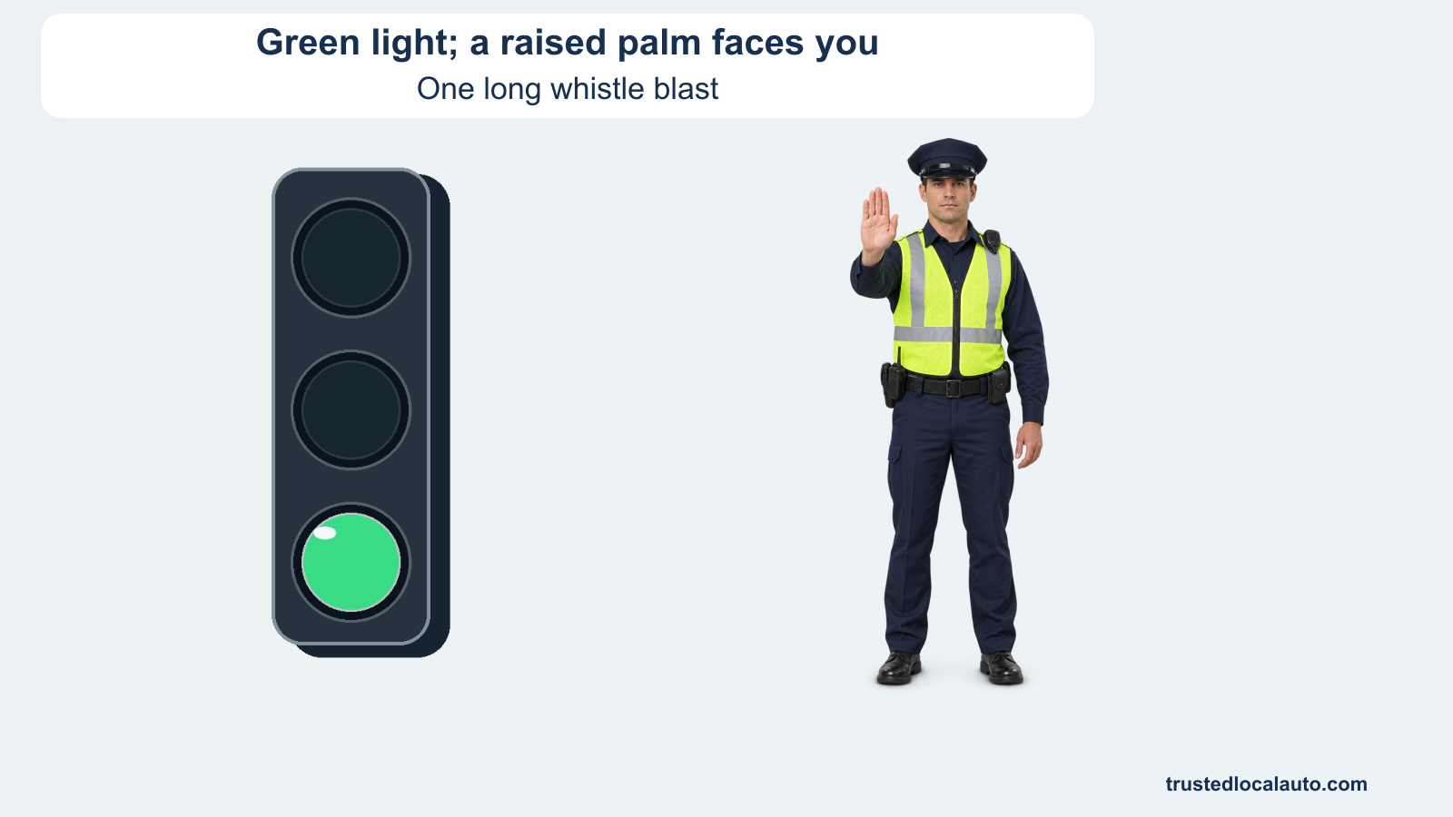 An officer faces the driver with an open palm raised beside a green circular signal. The card states that one long whistle blast accompanies the gesture.