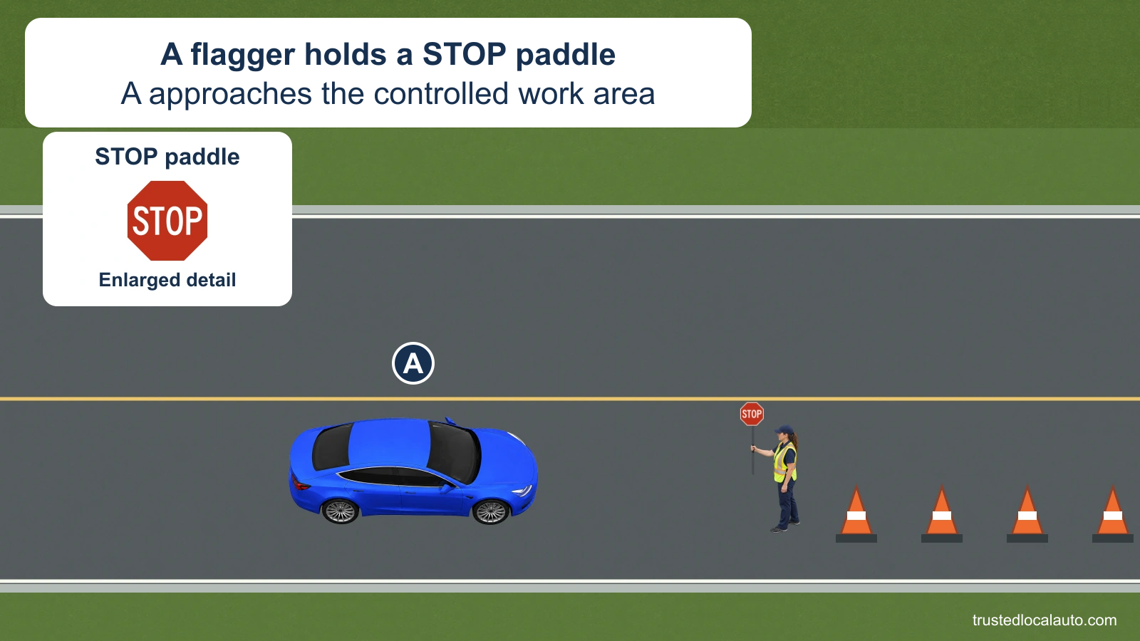 A approaches a road worker holding a STOP paddle beside a work area.