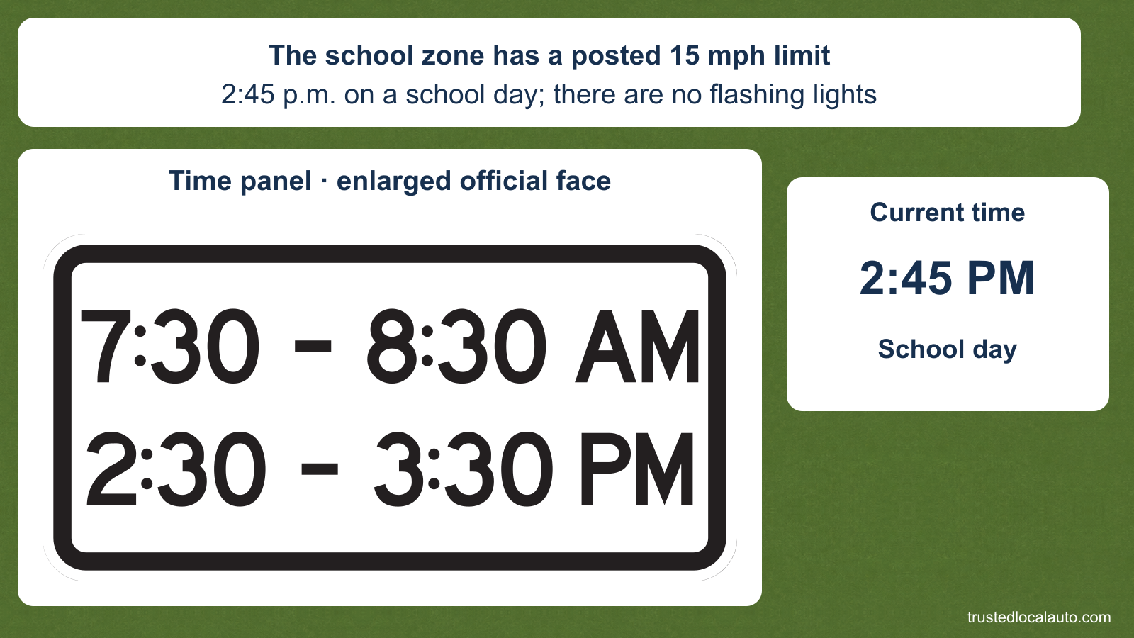 An enlarged official school-zone time panel reads 7:30–8:30 AM and 2:30–3:30 PM. A separate current-time card says 2:45 PM on a school day; the top card states the given 15 mph posting and the absence of flashing lights.