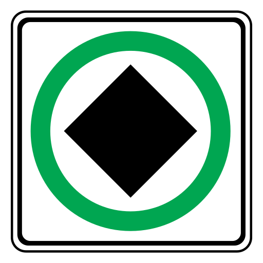 A white square with black borders, a green circle and a solid black diamond centred inside the circle.